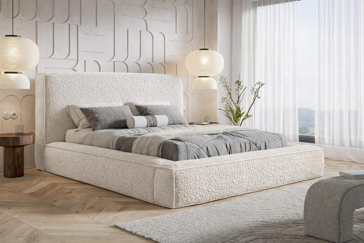 POLSTERBETT Boucle 180x200 Karano, Dicker Schaum, Bettkasten, Creme - Creme, Holz/Textil (180/200cm) - Emporius