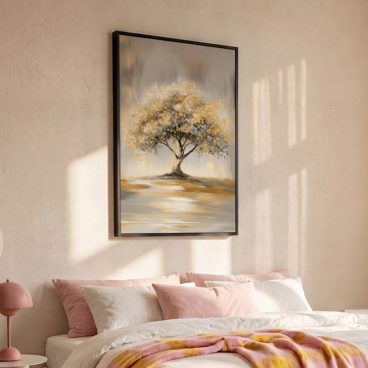 LEINWAND Bilder mit Rahmen - Gemälde - Baum - Abstrakt - Blätter - 90x140 - Beige, Textil (90/140cm) - MuchoWow
