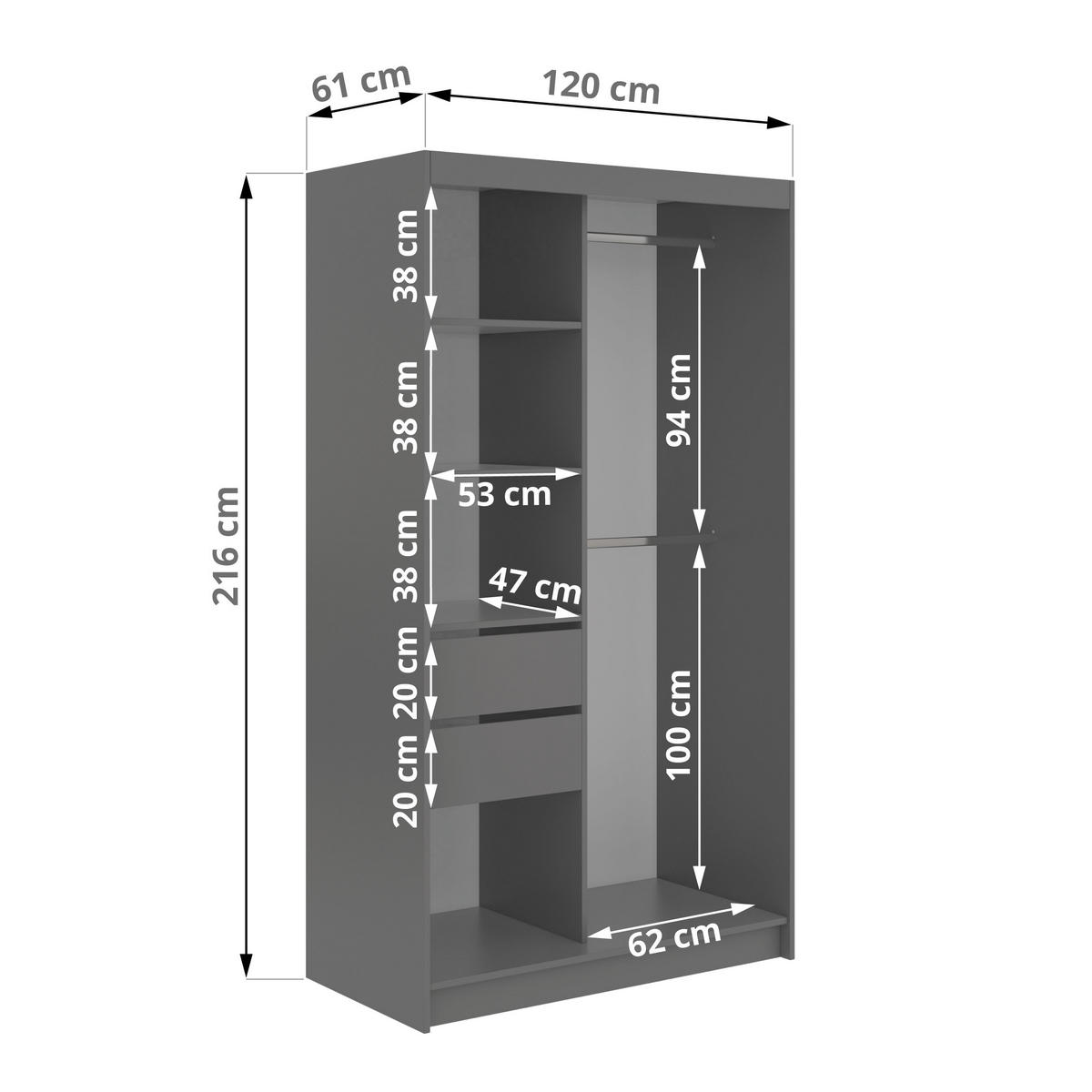 SCHWEBETÜRENSCHRANK mit Schubladen 120 - GRECJA - Grau mit Spiegel - Alufarben/Grau, Holzwerkstoff/Metall (120/216/61cm) - MKS