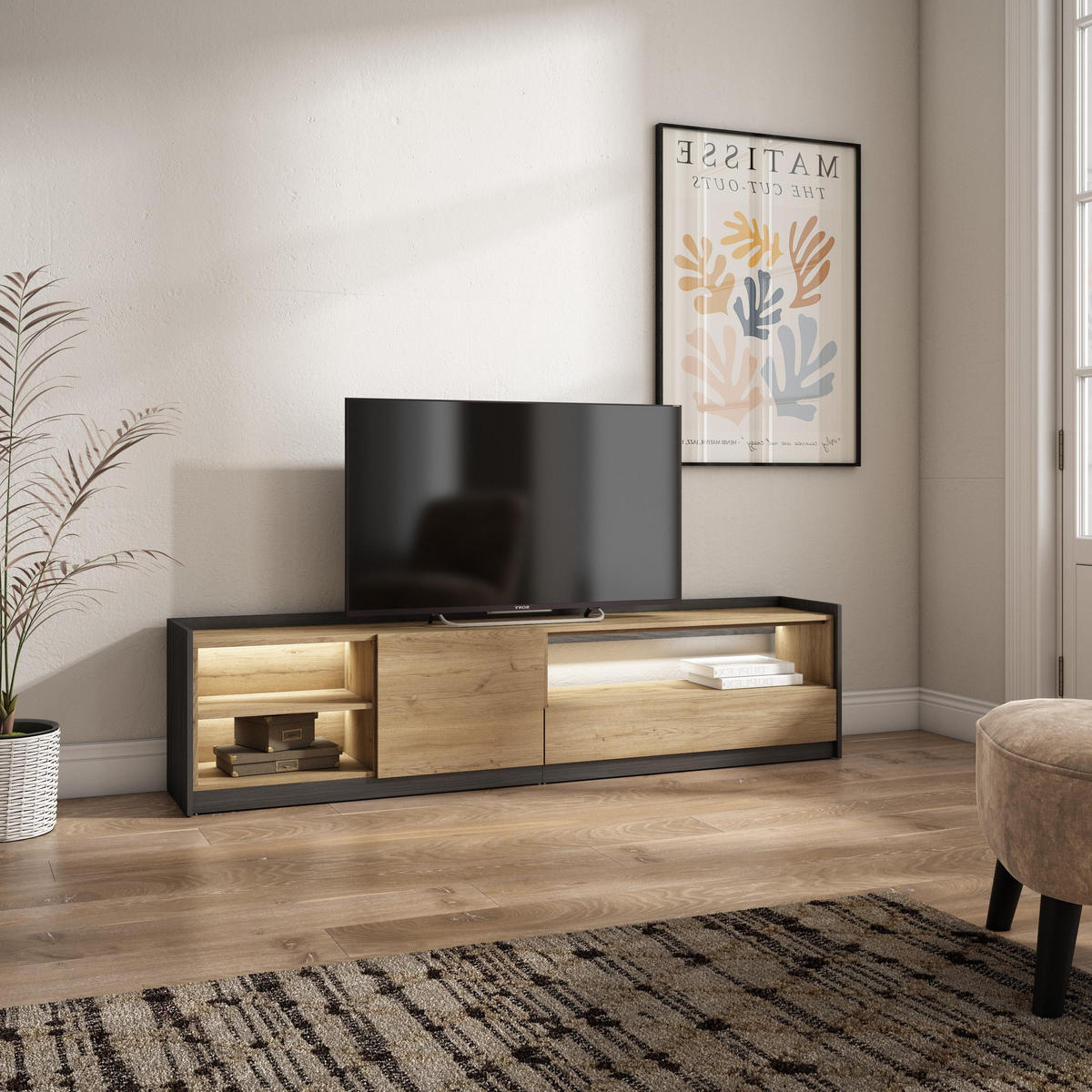 LOWBOARD, Eiche und Schwarz, 207/37/50cm, mit Led - Eichefarben, Holzwerkstoff (207/50/37cm) - Skraut Home