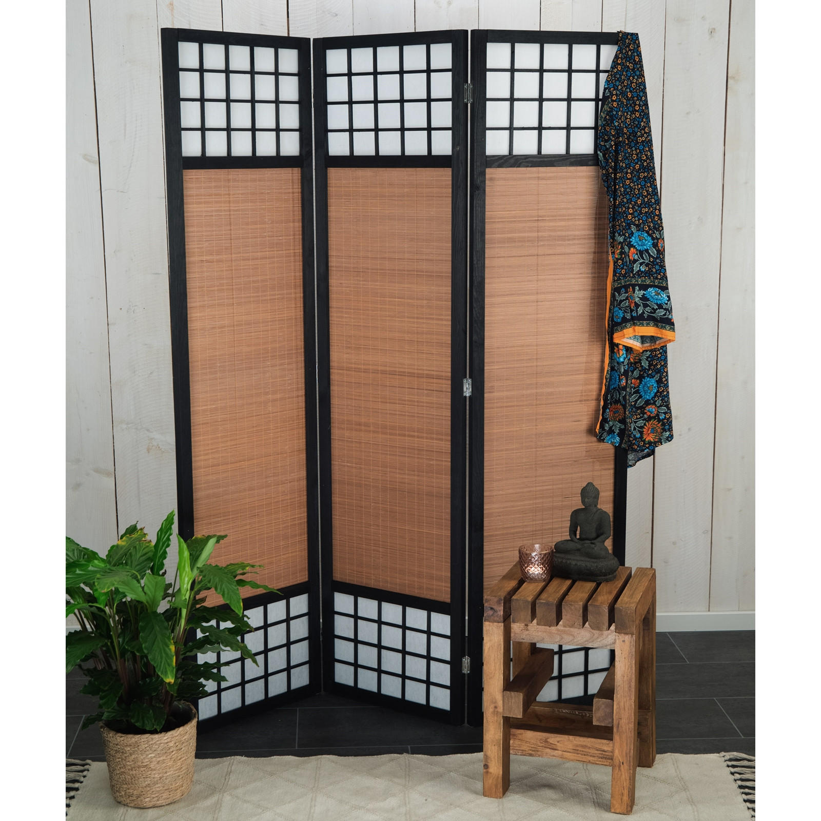 RAUMTEILER Osaka 3-tlg. Bambus, Reispapier - Schwarz, Holz (120/170/2cm) - CREEDWOOD