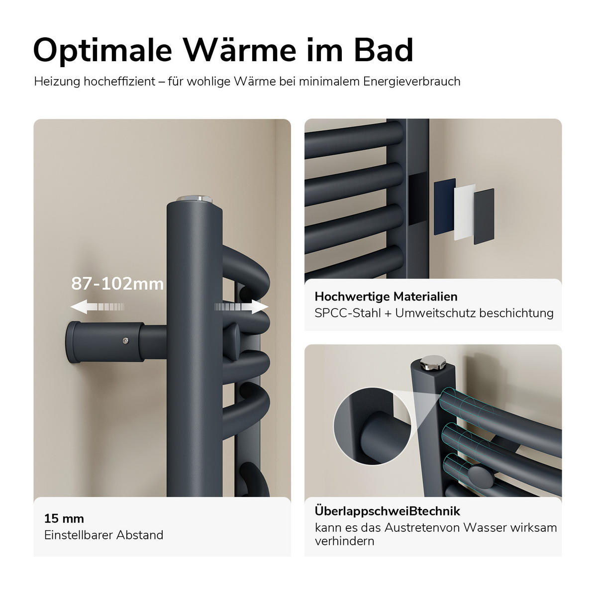 HANDTUCHHEIZKÖRPER elektrisch gebogen Anthrazit 75/40/5,6 cm - Anthrazit, Metall (40/75/5.6cm) - EMKE