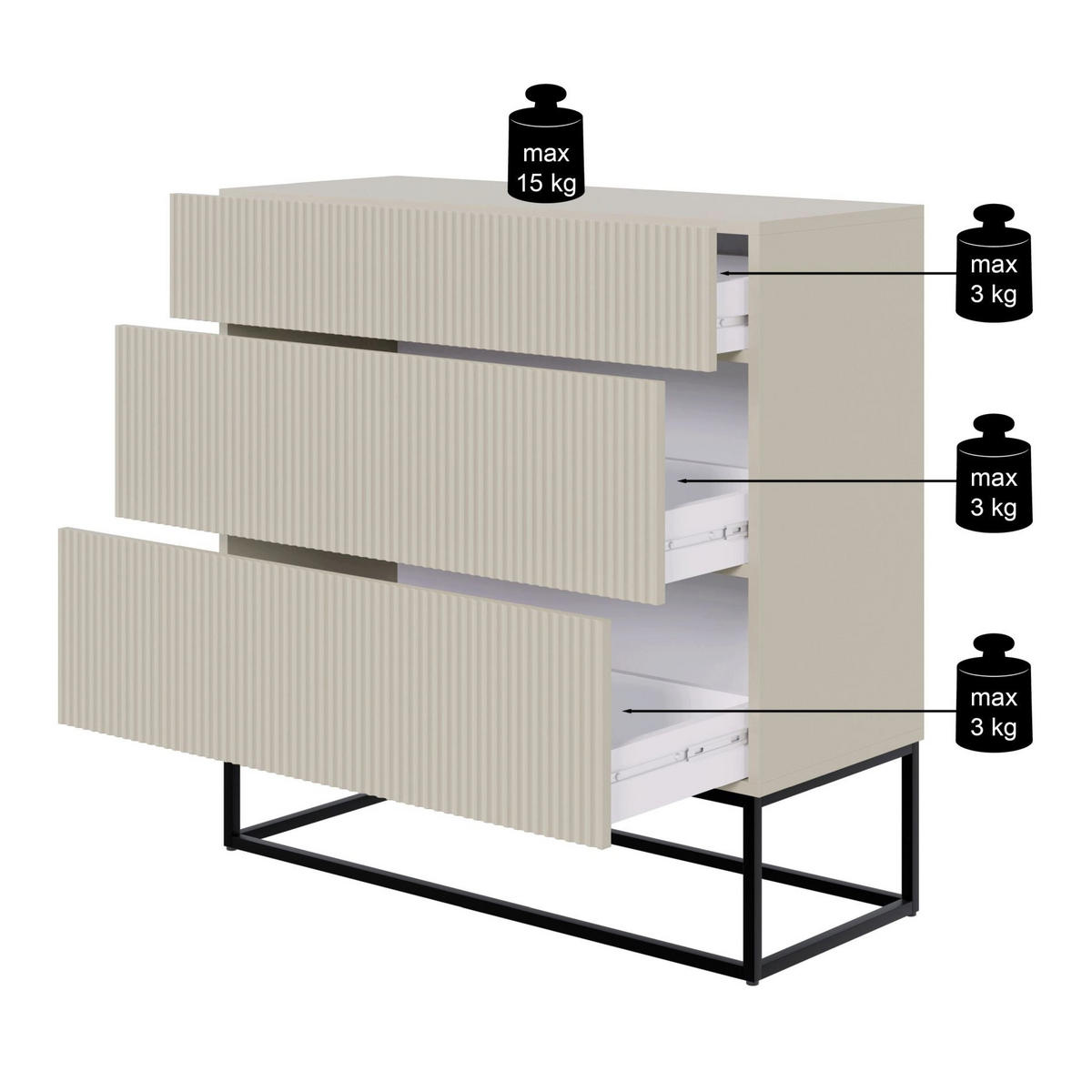 KOMMODE Veldio Greige mit 3 Schubladen 90 cm - Taupe/Goldfarben, Holzwerkstoff/Metall (90/90/38cm) - Selsey