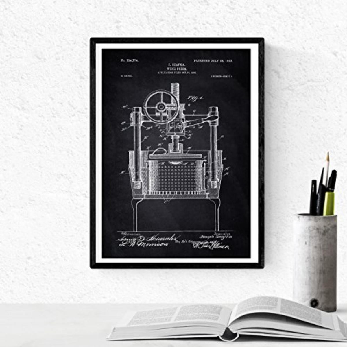 POSTER Set mit 4 Schwarz Patenten Wein A4 Schwarzer Rahmen - Schwarz, Papier (29.7/3cm) - Nacnic