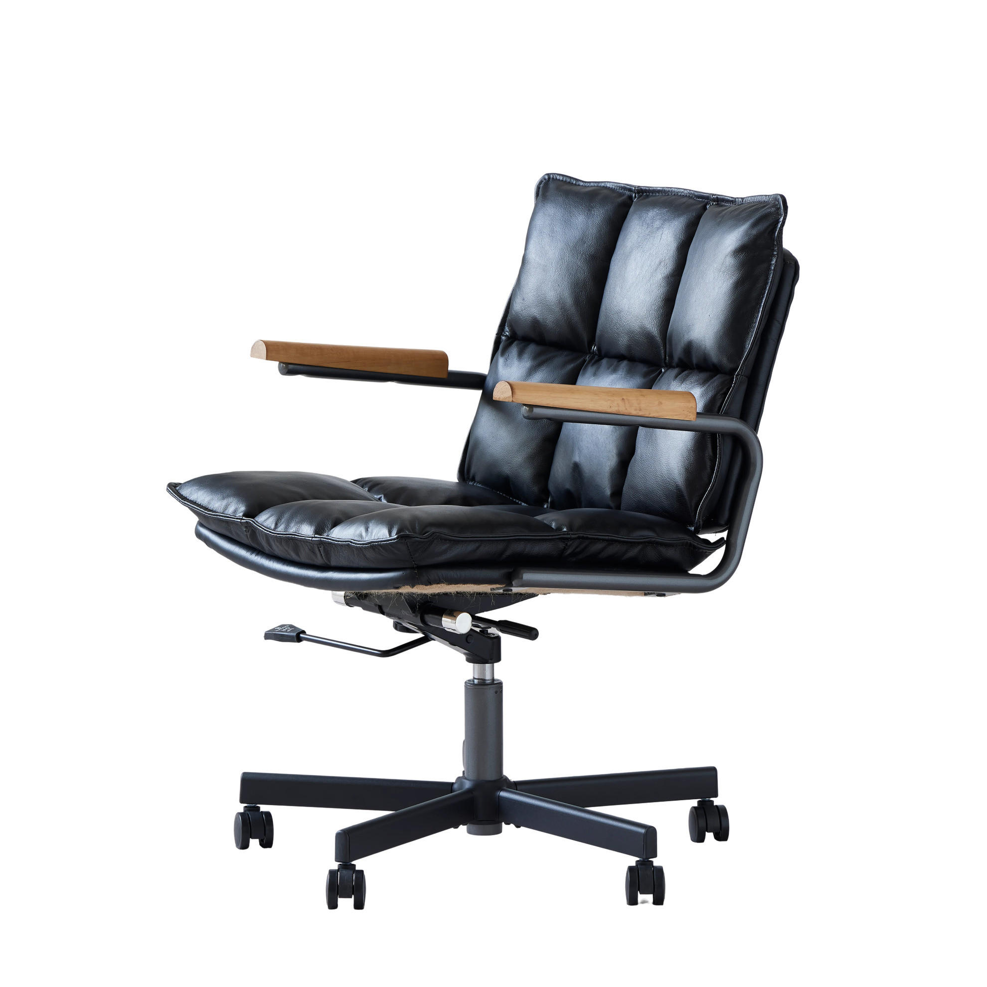 BÜROSTUHL in Schwarz 46x65x72 cm aus Leder und Metall mit Rollen und Holzarmlehnen - Schwarz, Leder (65/72/46cm) - IVMEU