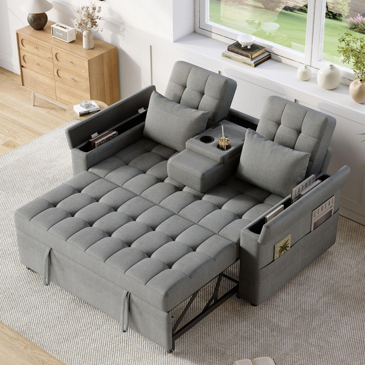 2-SITZER SCHLAFSOFA Leinen Grau mit Stauraum und Kissen - Grau, Holzwerkstoff/Kunststoff (159/92/142.5cm) - WISHDOR