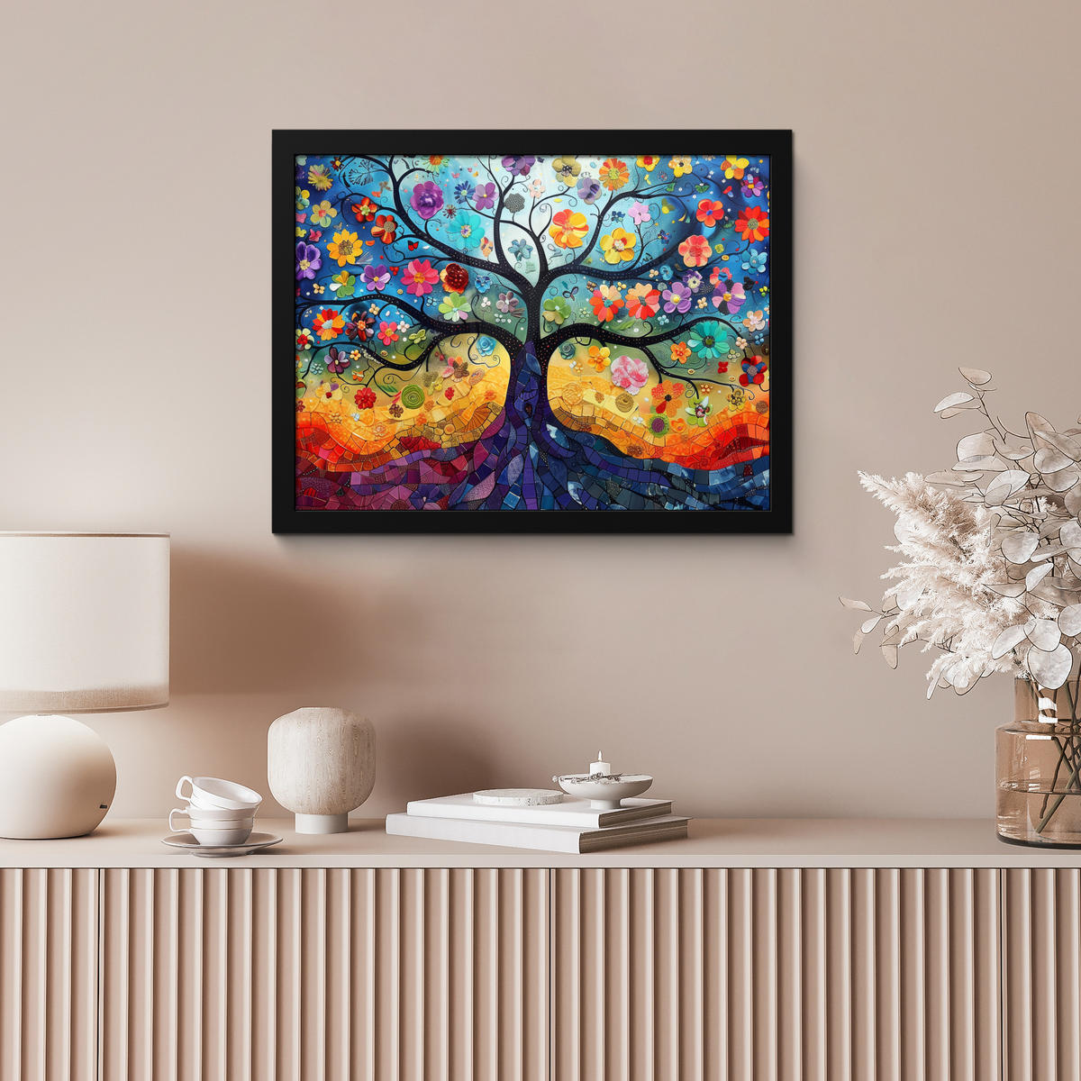 POSTER MIT RAHMEN Kunst - Baum des Lebens - Blumen - Hippie 40x30 cm - Dunkelblau, Papier (40/30cm) - MuchoWow