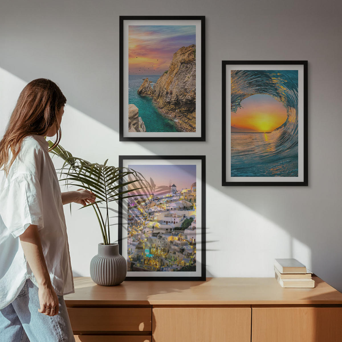 BILDER SET 3er Set - 40x60 cm Schwarzer Rahmen - Meereswellen, weiße Häuser, Santorini - Schwarz, Kunststoff (40/60cm) - TULUP