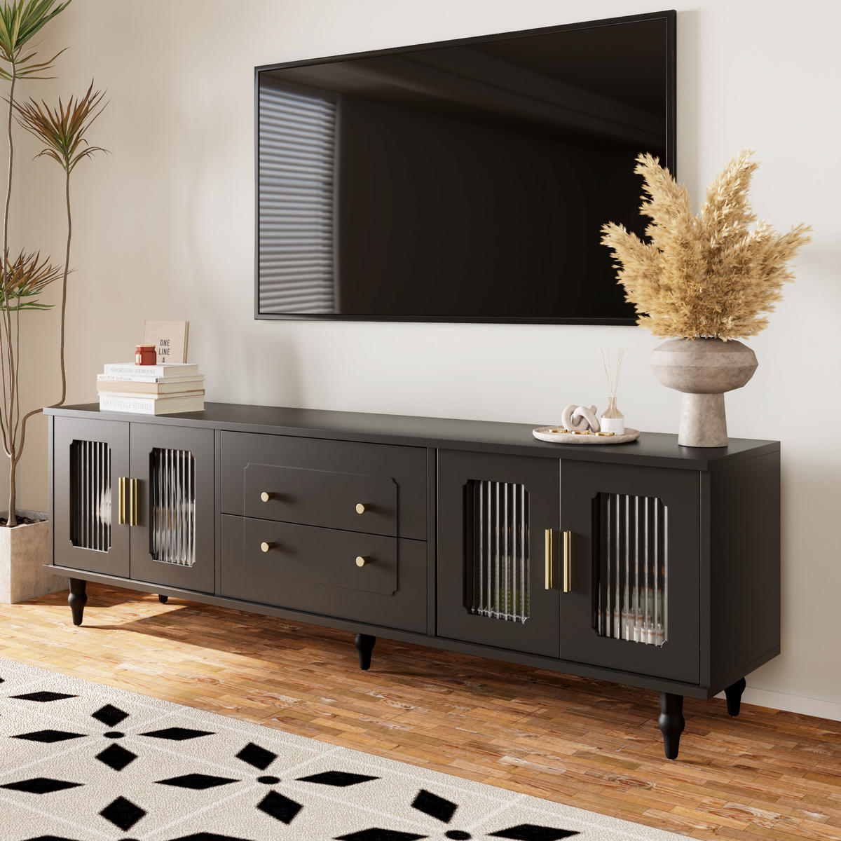 TV-SCHRANK in Schwarz mit geriffeltem Glas und Push-to-Open Funktion 175/38/55.5 cm - Schwarz, Holzwerkstoff (177/55.5/38cm) - Redom