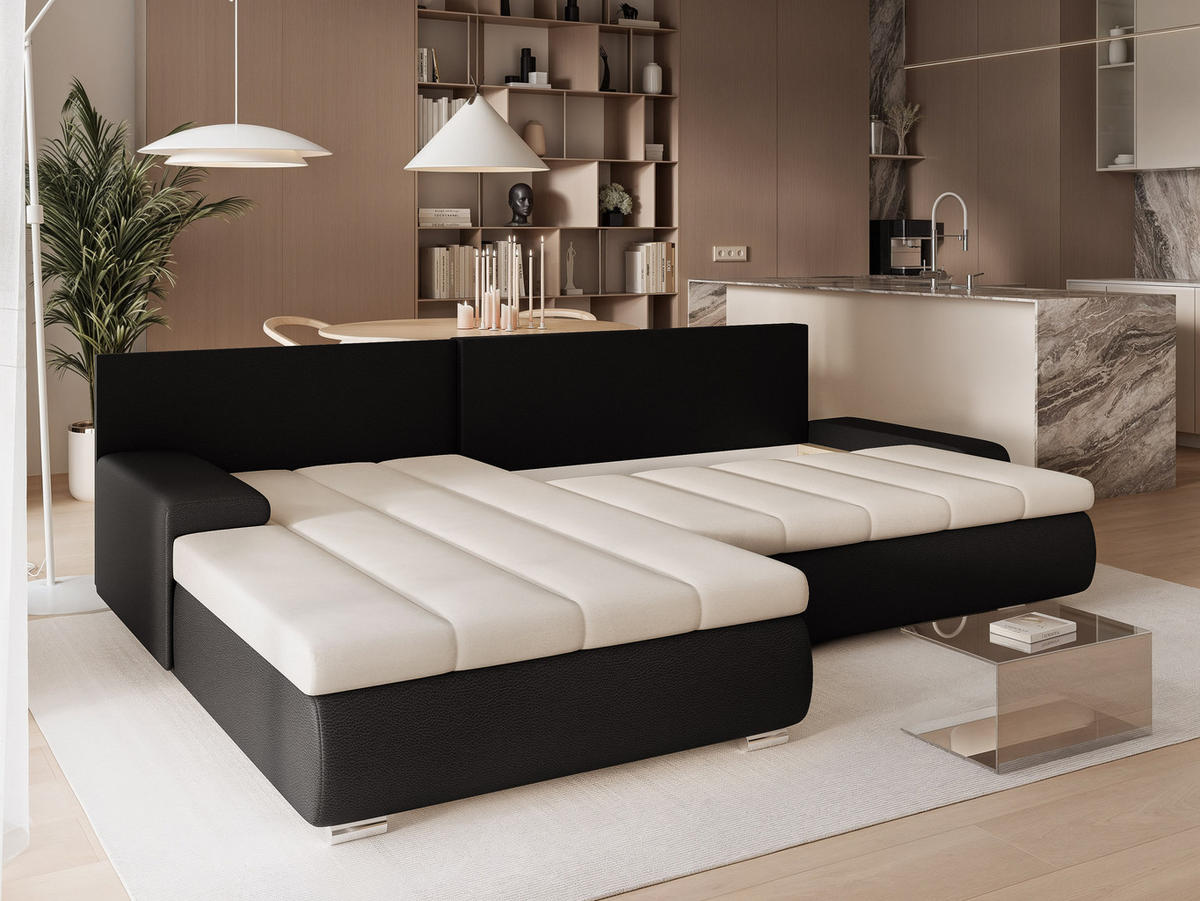 ECKSOFA VELANO mit Schlaffunktion und Bettkasten Schwarz/Beige - Beige, Holzwerkstoff/Kunststoff (250/160cm) - Idohome