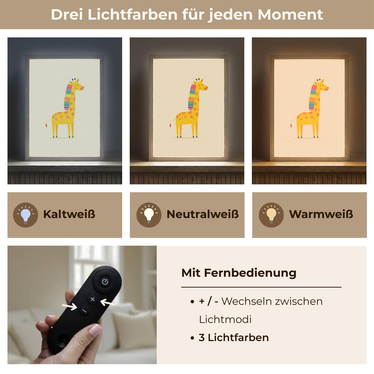 NACHTTISCHLAMPE MIT AKKU Giraffe - Regenbogenmähne - Beige 30x40 cm - Beige, Holzwerkstoff (8/30/40cm) - OnlyWow