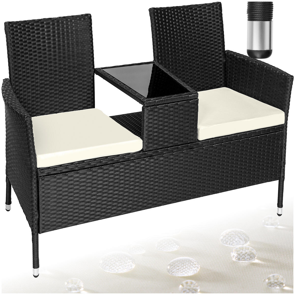 RATTAN GARTENSITZBANK Narbonne,131 x 59 x 82 cm,schwarz/beige - Beige/Schwarz, Kunststoff (61/82/131cm) - tectake