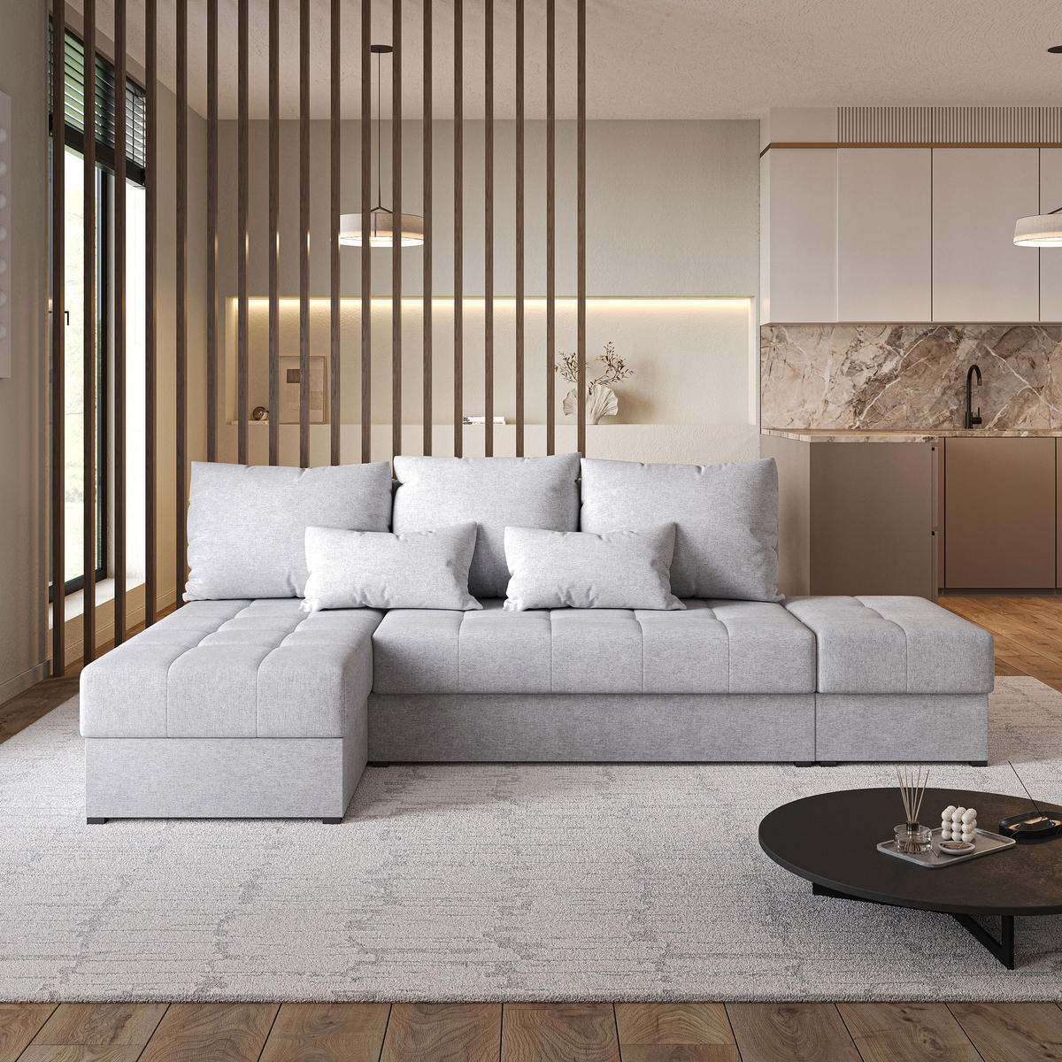 ECKSOFA NORVI Hellgrau Geflochtener Stoff mit Schlaffunktion - Hellgrau, Holz (251/143cm) - MASSENO