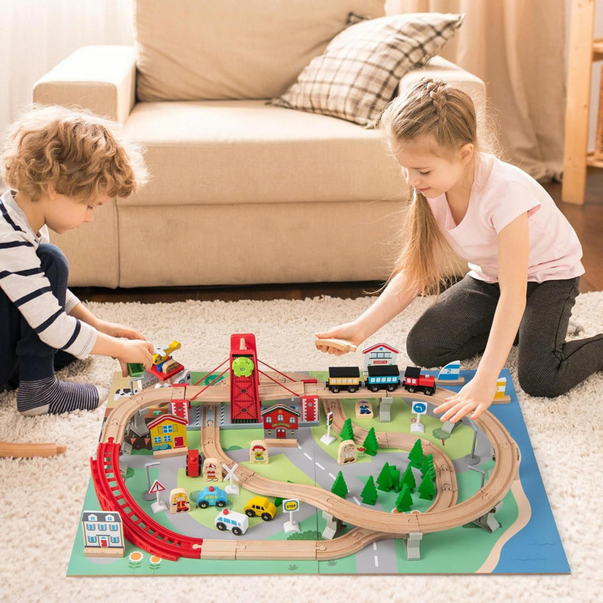 EISENBAHN‑SET aus Holz natur(94-tlg) - Naturfarben, Holzwerkstoff (92/40/64cm) - COSTWAY