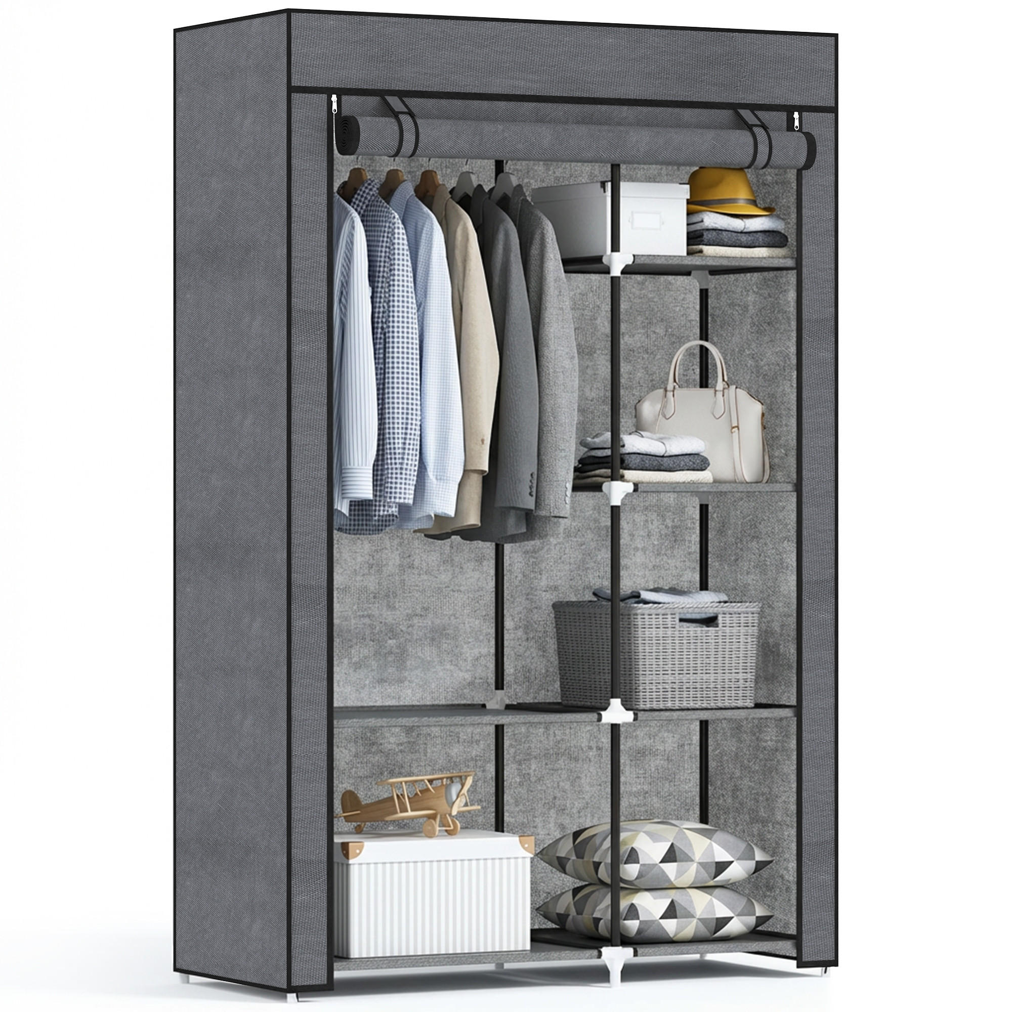 STOFFSCHRANK mit 6 Regalen und 1 Kleiderstange, faltbarer Kleiderschrank als Aufbewahrungslösung, Dunkelgrau - Dunkelgrau, Metall (103/162.5/43cm)