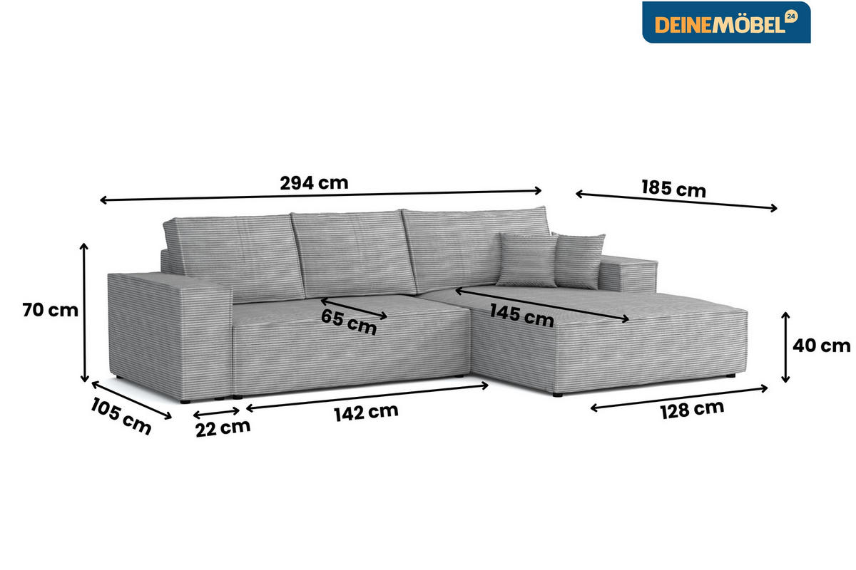 ECKSOFA MARCO 294/185 in Cord Anthrazit mit Schlaffunktion rechts - Anthrazit, Holz/Holzwerkstoff (294/185cm) - Deine Möbel 24