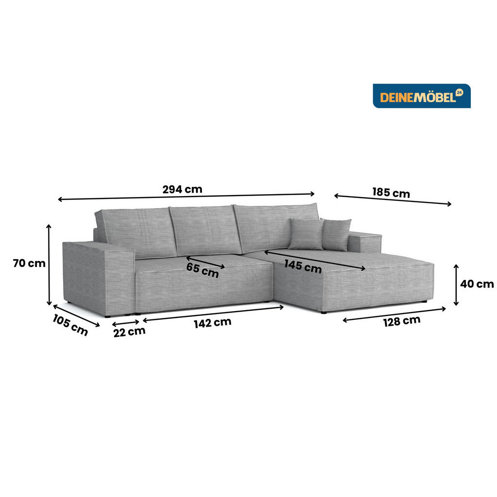 Thumbnail - Deine Möbel 24 Ecksofa, Hellgrau, Textil, Ottomane rechts, L-Form, 294x185 cm, Wohnzimmer, Sofas & Couches, Wohnlandscha...