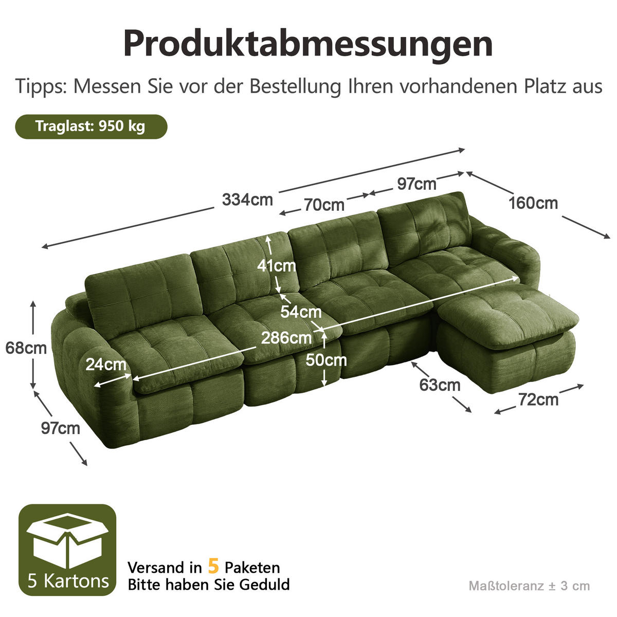 ECKSOFA DE-34464 4-Sitzer L-Form mit Ottoman Grün - Grün, Textil (160/334cm) - ComfortXL
