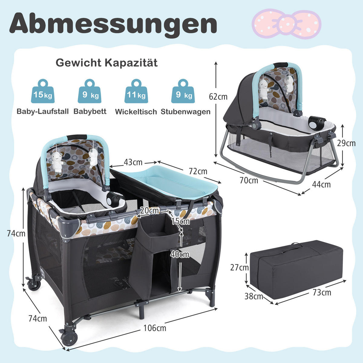 BABYBETT mit Matratze blau - Blau, Textil - COSTWAY