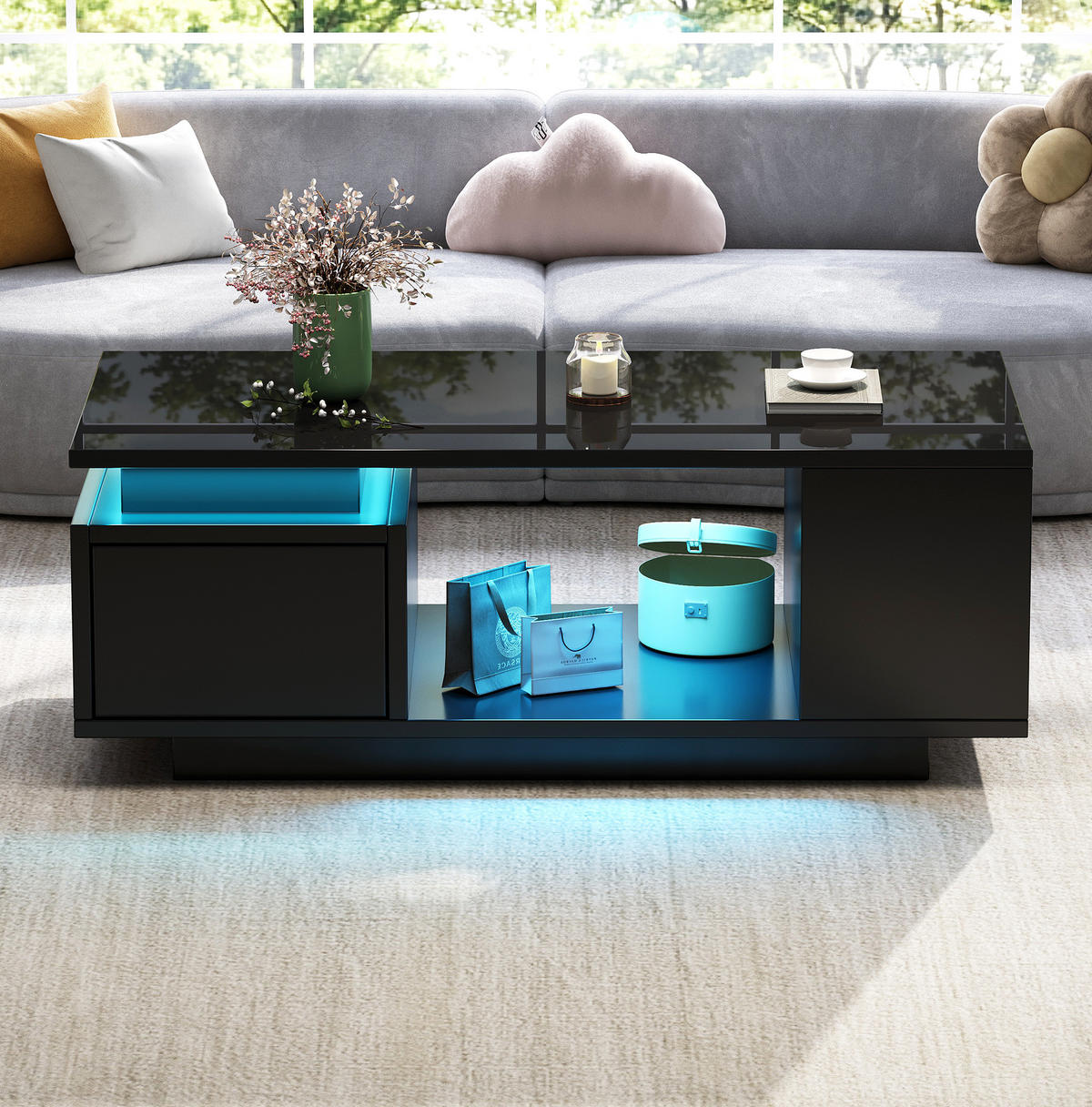 COUCHTISCH aus Spanplatte 100x50x36 cm in Schwarz mit LED-Beleuchtung - Schwarz, Holzwerkstoff (100/50/36cm) - Modfu