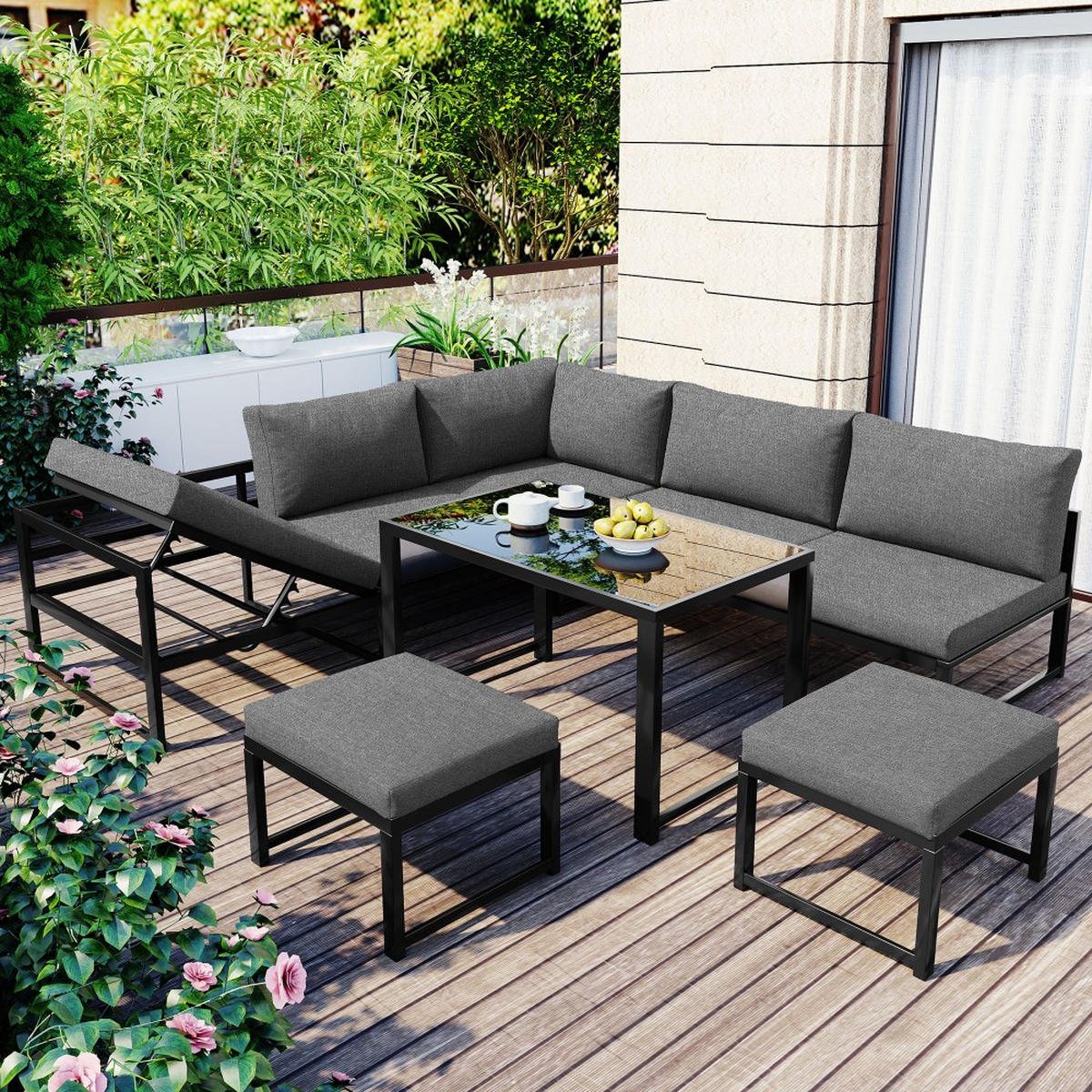 GARTENLOUNGE-SET mit Liegefunktion, Grau - Grau, Metall - KOMHTOM