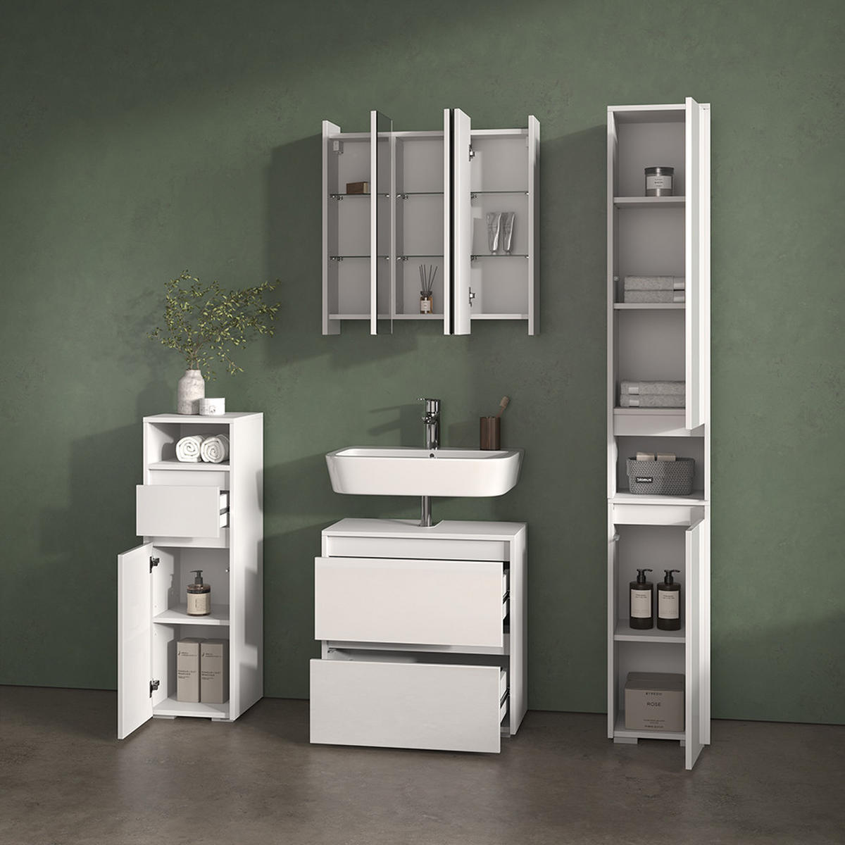 BADMÖBEL-SET Savuto Weiß 4 Teile - Weiß Hochglanz/Weiß, Holzwerkstoff (60/62/30cm) - Livinity®