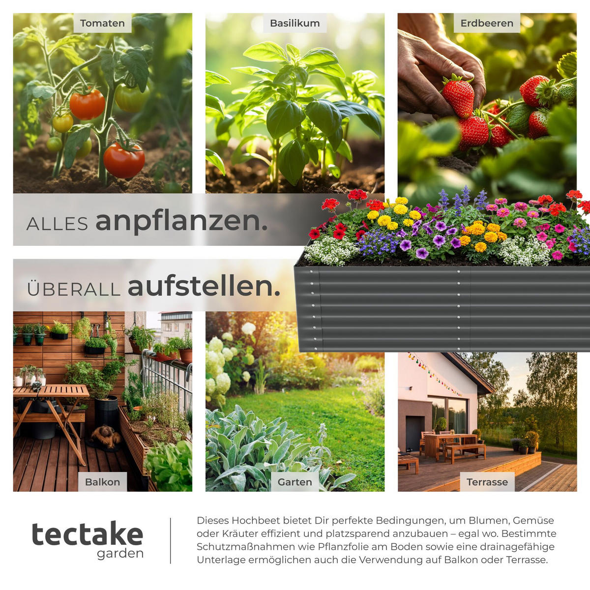 HOCHBEET Blomma, mit offenem Boden und abgerundeten Kanten, anthrazit - Anthrazit, Metall (80/62/200cm) - tectake