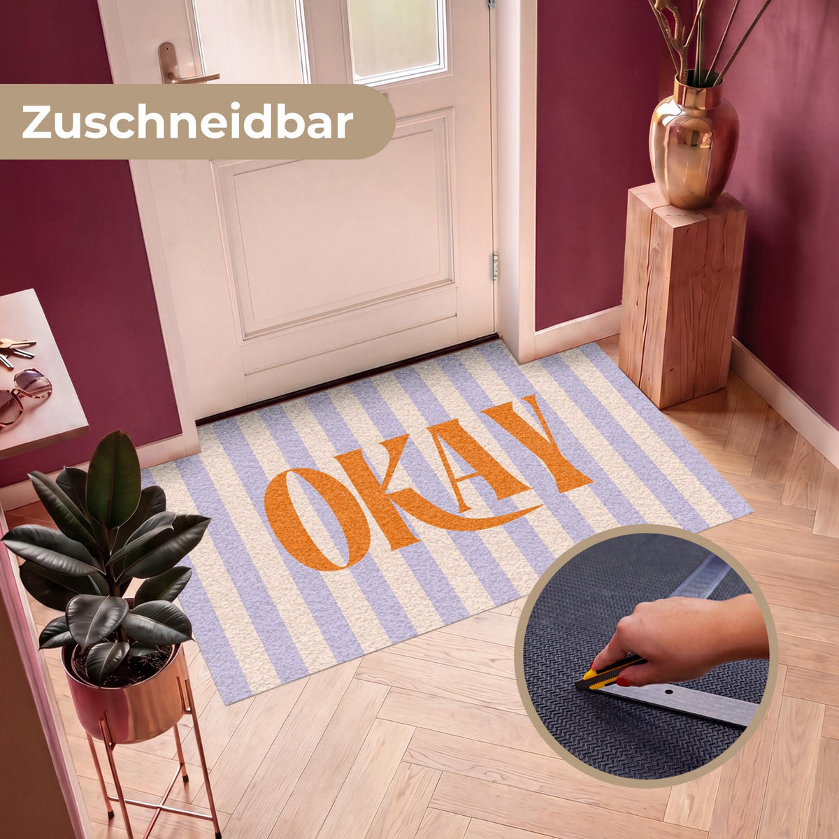 FUSSMATTE Lila – Orange – Streifen – Okay 150x90 cm - Flieder, Kunststoff (150/0.4cm) - MuchoWow