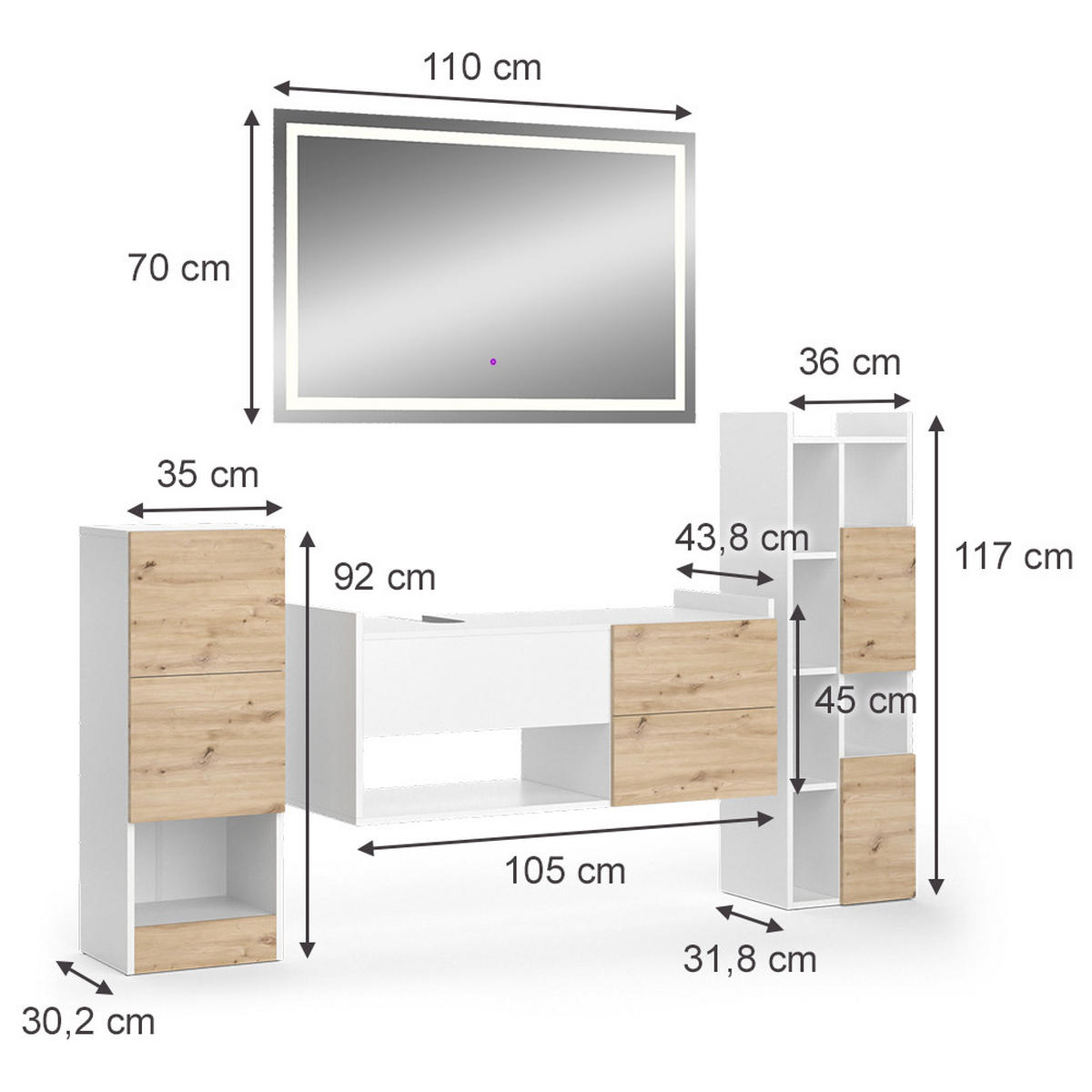 BADMÖBEL-SET Alf Weiß 4 Teile - Eichefarben/Weiß, Holzwerkstoff (105/45/43cm) - Vicco