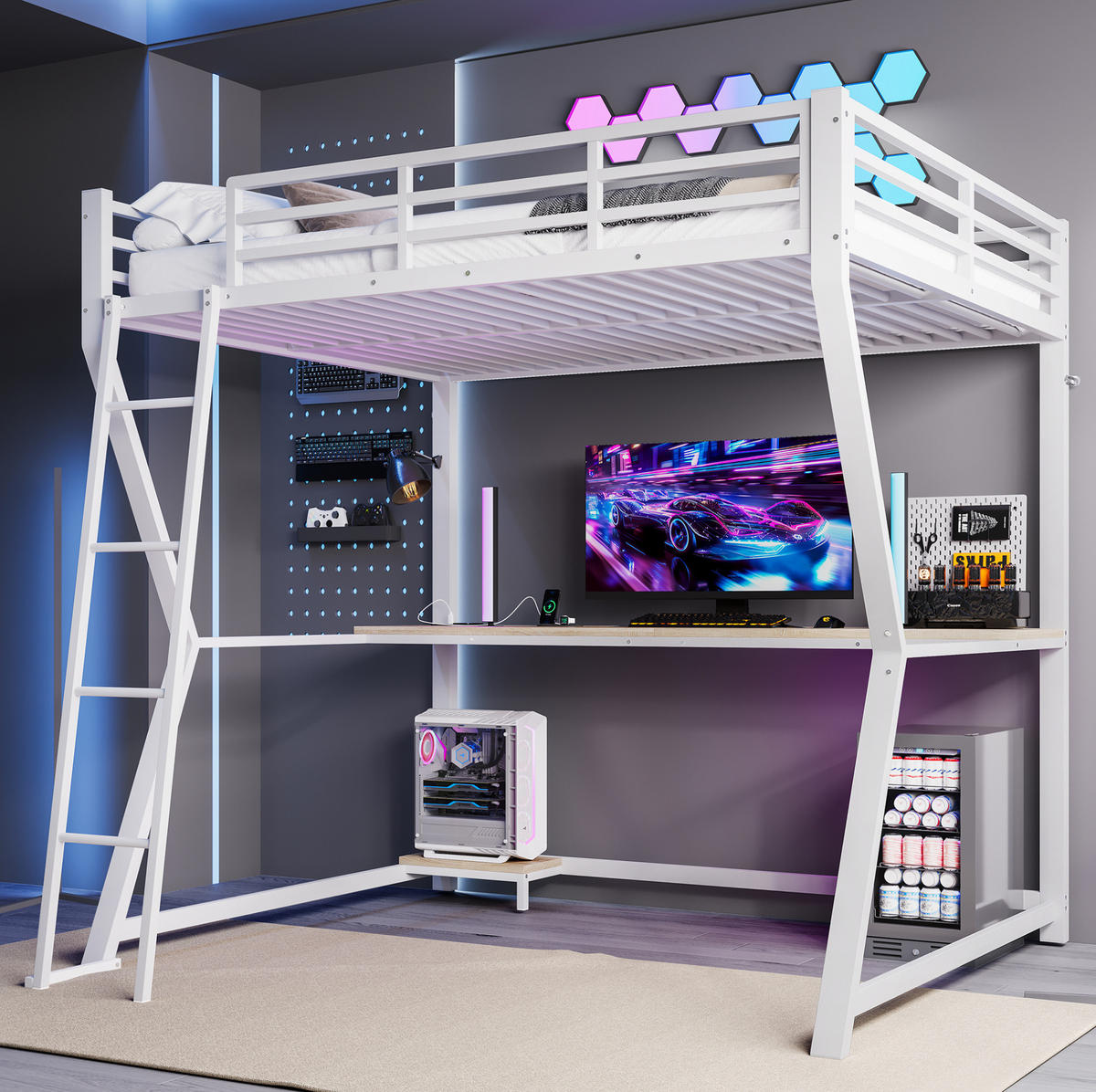 HOCHBETT 140/200 cm in Weiß mit LED-Beleuchtung, Schreibtisch und USB-Anschluss - Weiß, Metall (140/200cm) - Flora Grace