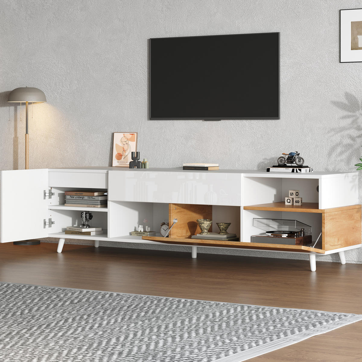 FERNSEHSCHRANK aus Spanplatte 180x38x50 cm Weiß/Naturfarben mit Hochglanzfront, 1 Schublade und 7 Fächern - Hellbraun, Holzwerkstoff (180/50/38cm) - Modfu
