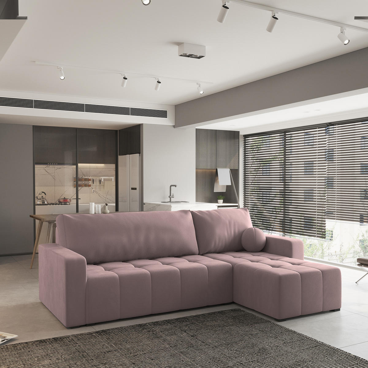 ECKSOFA VOLIRA Rosa Plüsch-Stoff mit Schlaffunktion - Rosa, Holz (230/143cm) - MASSENO
