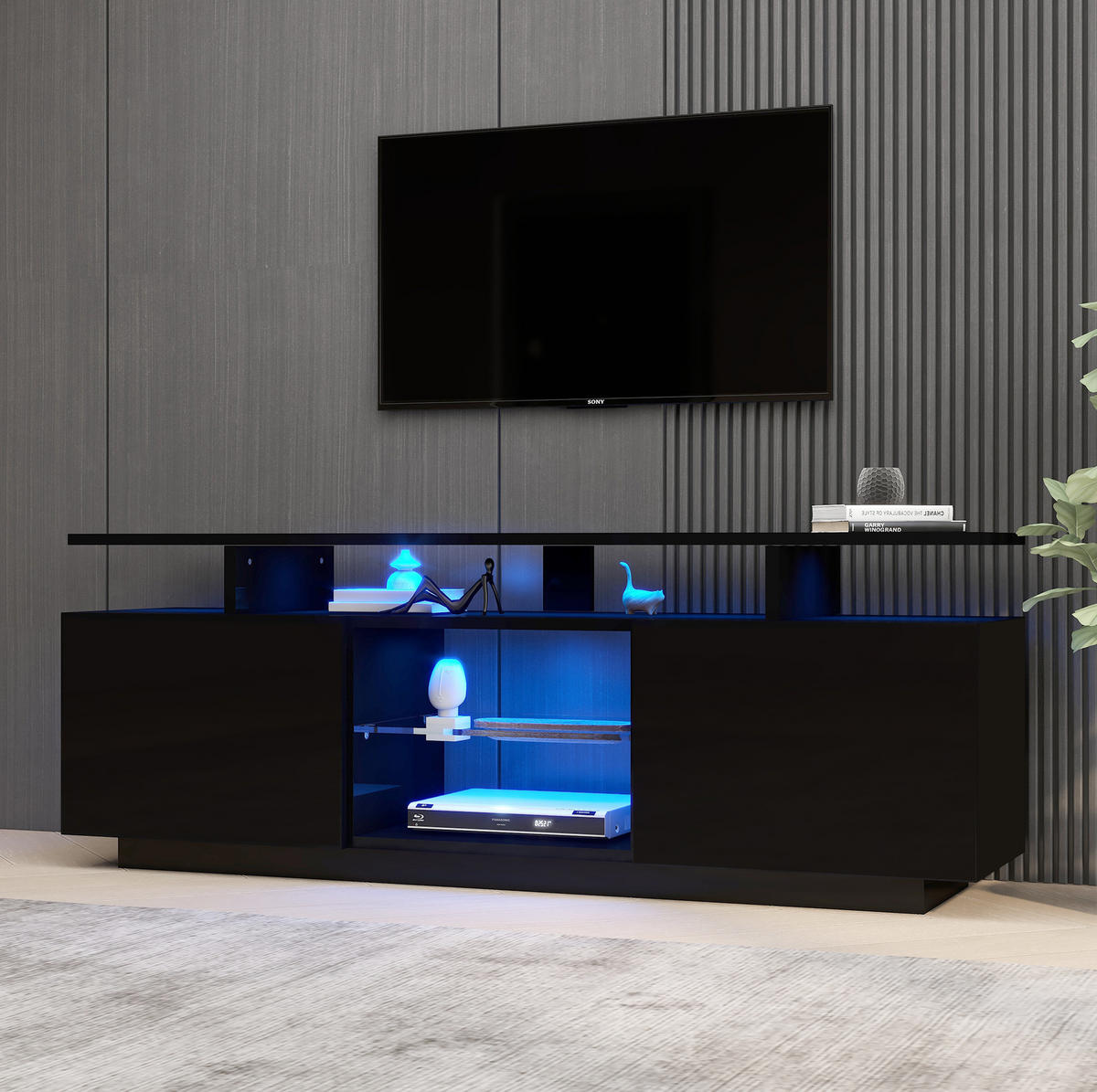 TV-SCHRANK mit LED-Beleuchtung 140 cm Schwarz Hochglanz - Schwarz, Holzwerkstoff (35/55/140cm) - Beauniv
