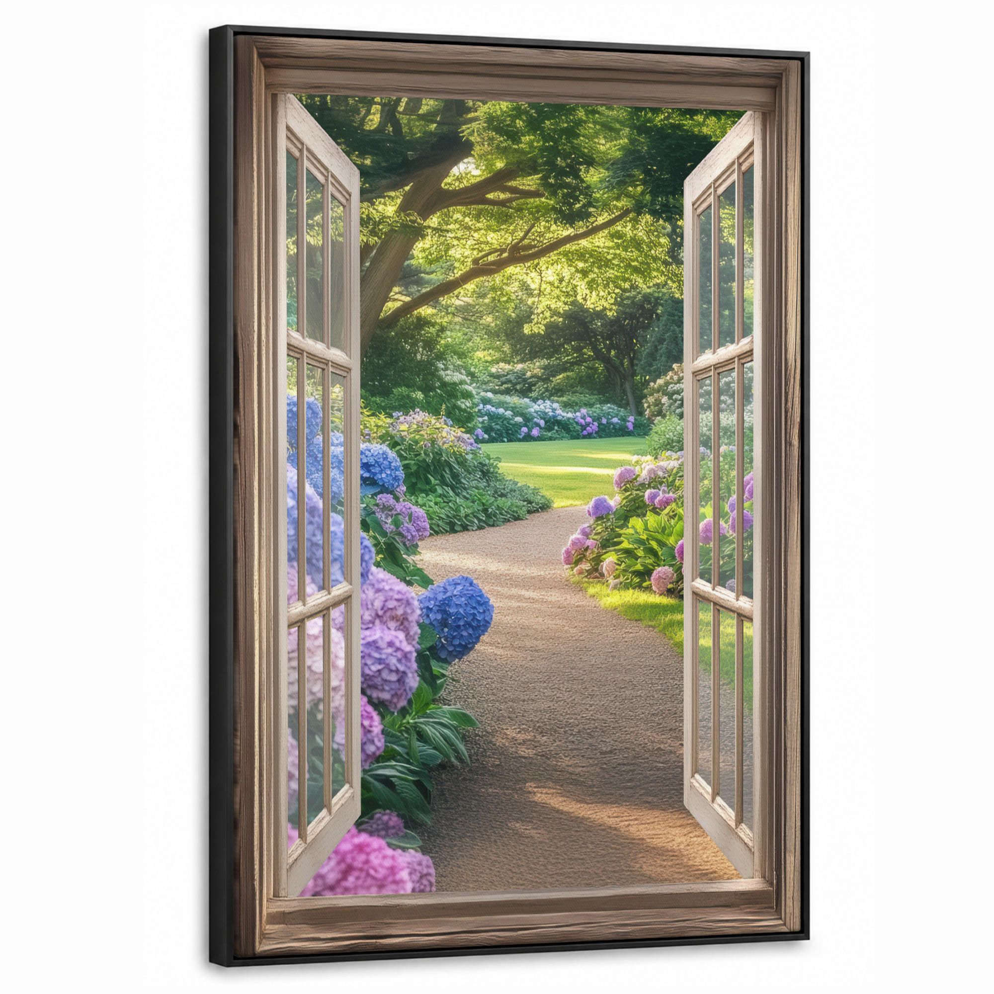 LEINWAND Bilder mit Rahmen - Aussicht - Garten - Fenster - Hortensie - Blumen - 60x90 - Pastellblau, Textil (60/90cm) - MuchoWow