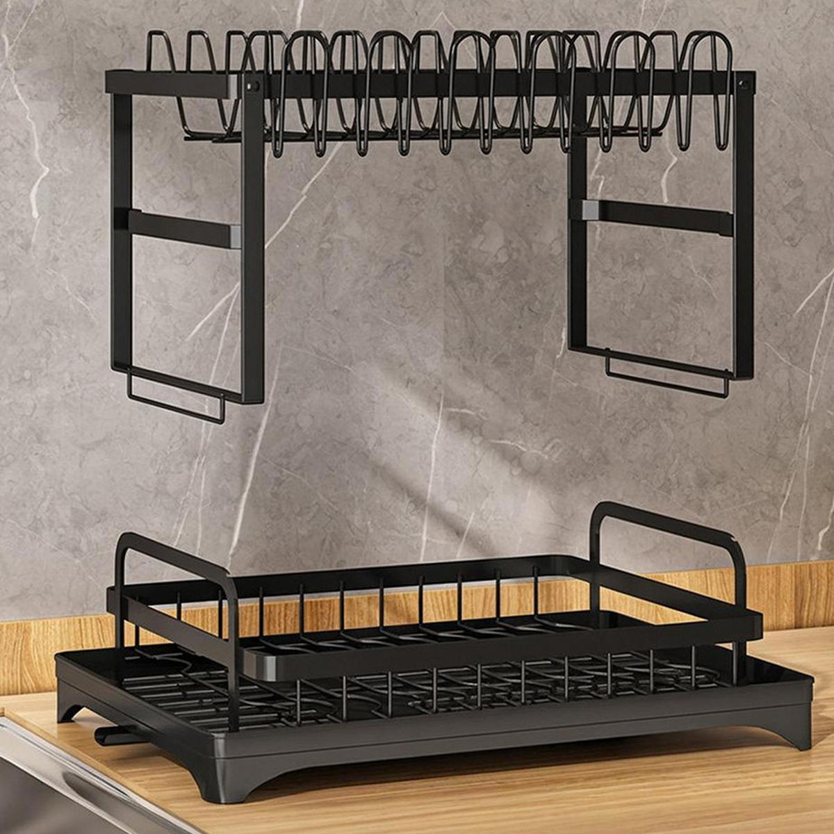 BESTECKEINSATZ Schwarz, 2 Etagen Geschirrständer, Faltbarer Abtropfständer mit Abtropfschale für Küche - Schwarz, Metall (42/29/29cm) - PARAFTA HOME
