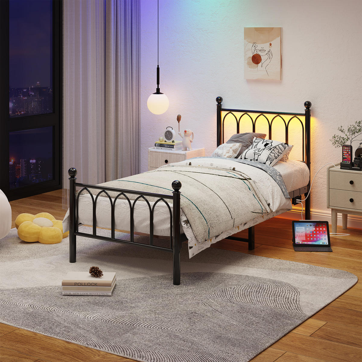 METALLBETT 90x200 cm LED USB Vintage schwarz - Schwarz, Holzwerkstoff (90/200cm) - LEBENLANG
