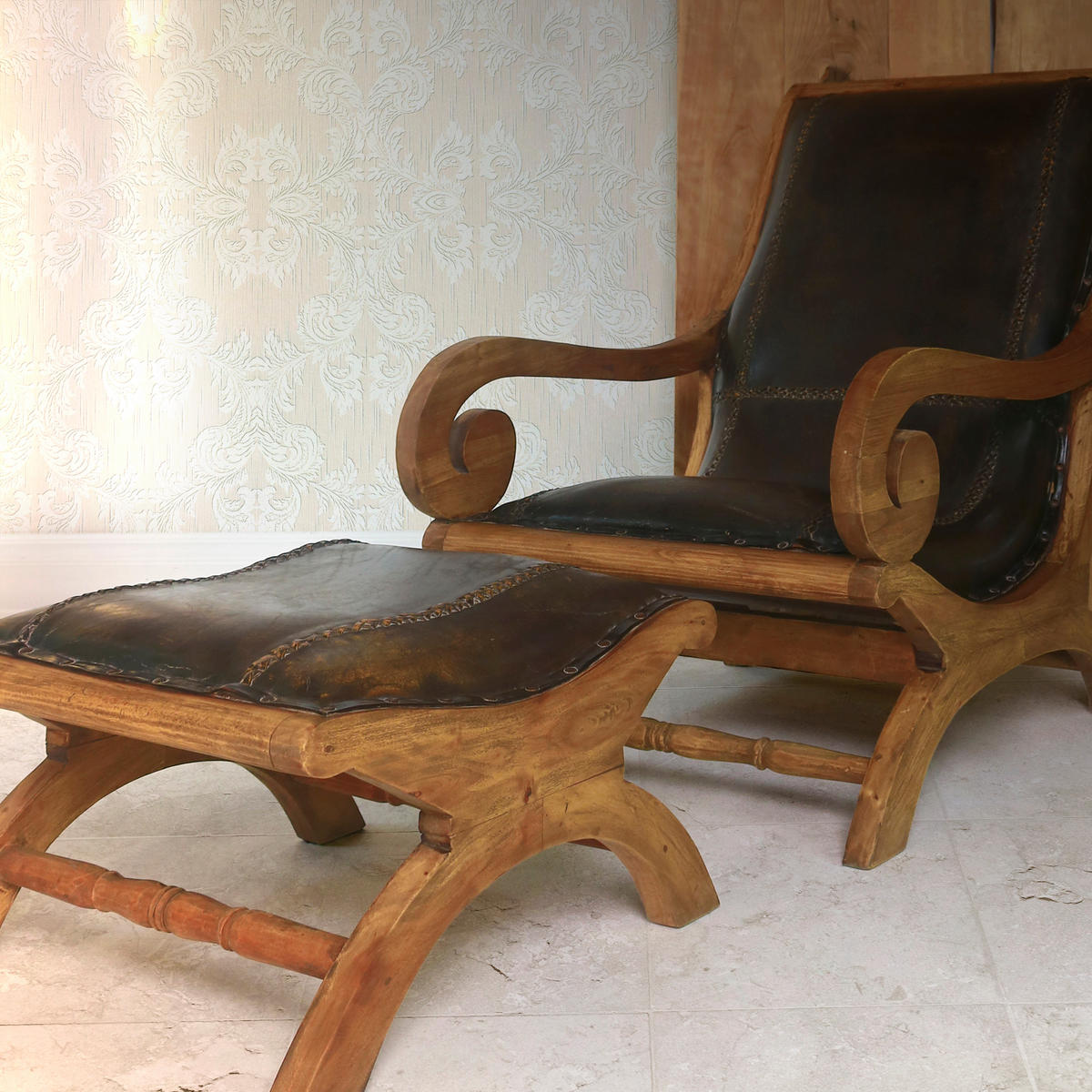 LEDERSESSEL Mara Hocker Mahagoni Braun 93x93x60cm - Braun, Holz (93/93/60cm) - DELUKE
