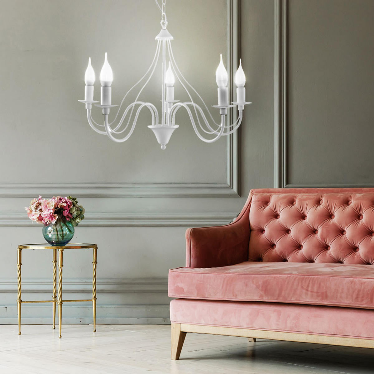 KRONLEUCHTER Stahl Weiß 5-flammig - Weiß, Glas (60/60/80cm)