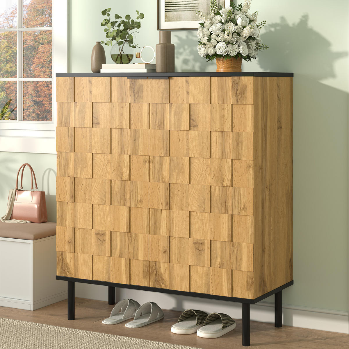 SCHUHSCHRANK 80/35/91,5 cm mit 2 Türen, höhenverstellbaren Fächern und Mosaikfront, Natur - Naturfarben, Holzwerkstoff (80/91/35cm) - Redom