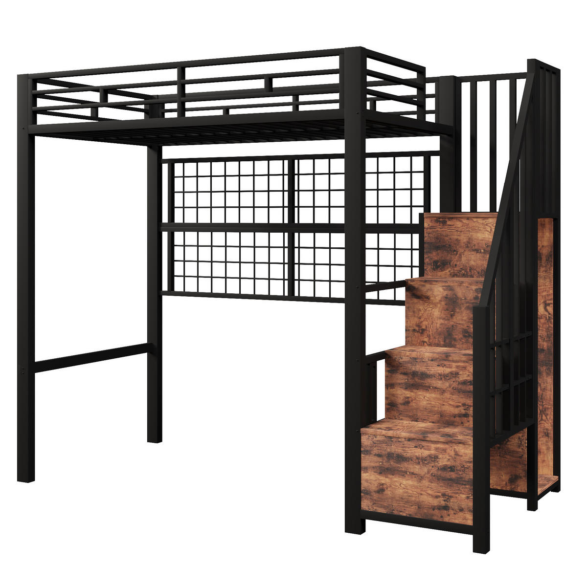 HOCHBETT 90/200 cm aus Metall/MDF mit Stauraumleiter, Kleiderschrank und LED-Beleuchtung Schwarz - Schwarz, Metall (90/200cm) - Modenvie