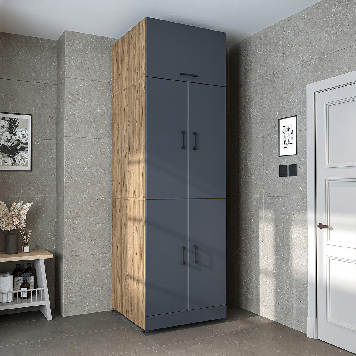 WASCHMASCHINENSCHRANK DORA-II 70cm Breit, 230cm Hoch - Anthrazit, Holzwerkstoff (70/230/74cm)