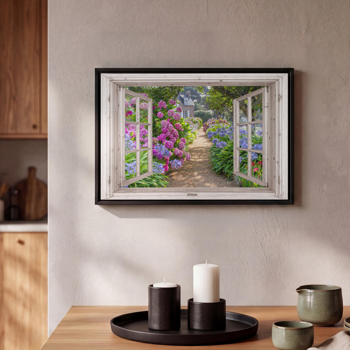 LEINWAND Bilder mit Rahmen - Hortensie - Durchsichtig - Blumen - Sommer - Lila - Weg - 30x20 - Lila, Textil (30/20cm) - MuchoWow