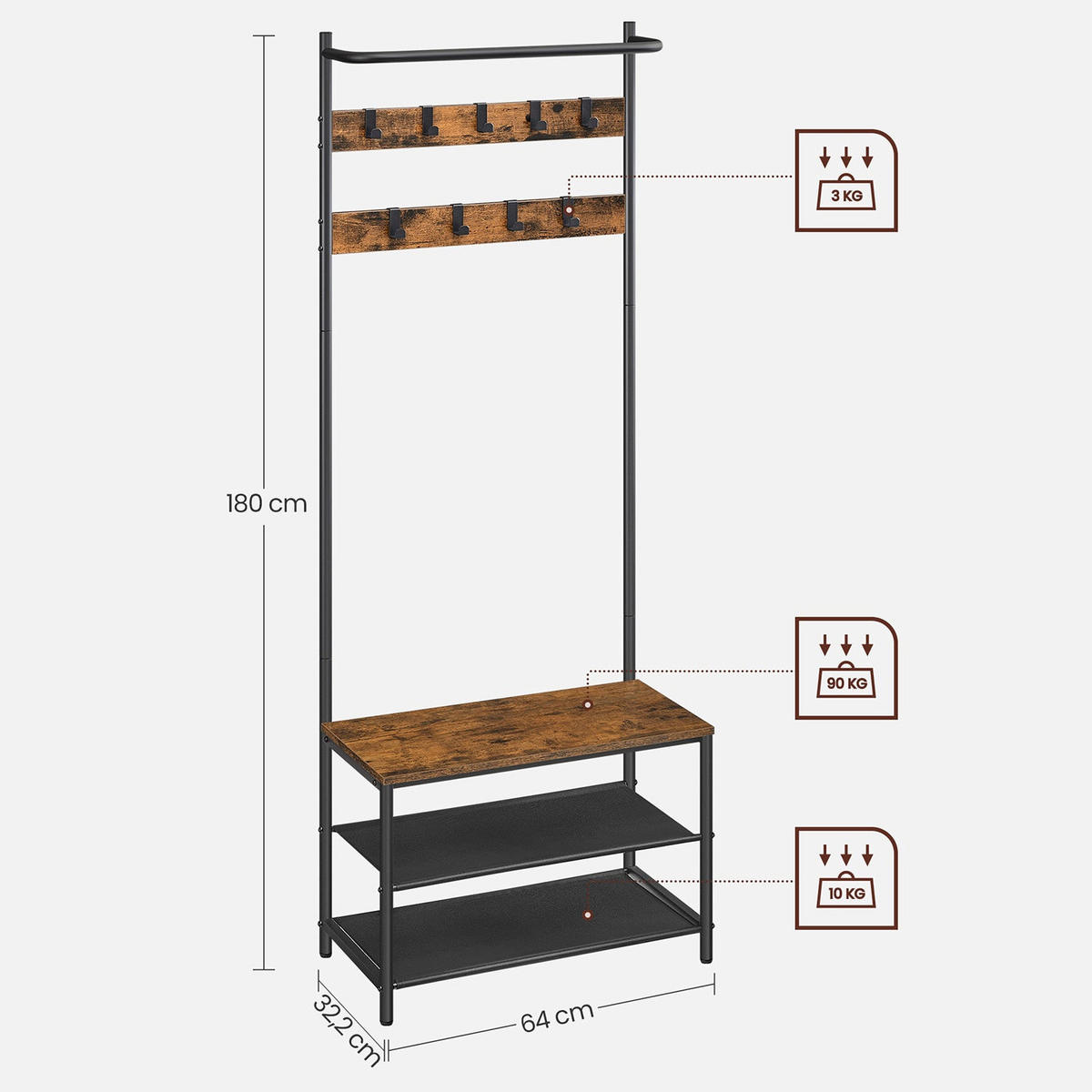 GARDEROBENSTÄNDER VIENNA - Braun, Metall (64/180/33cm) - Hansiro