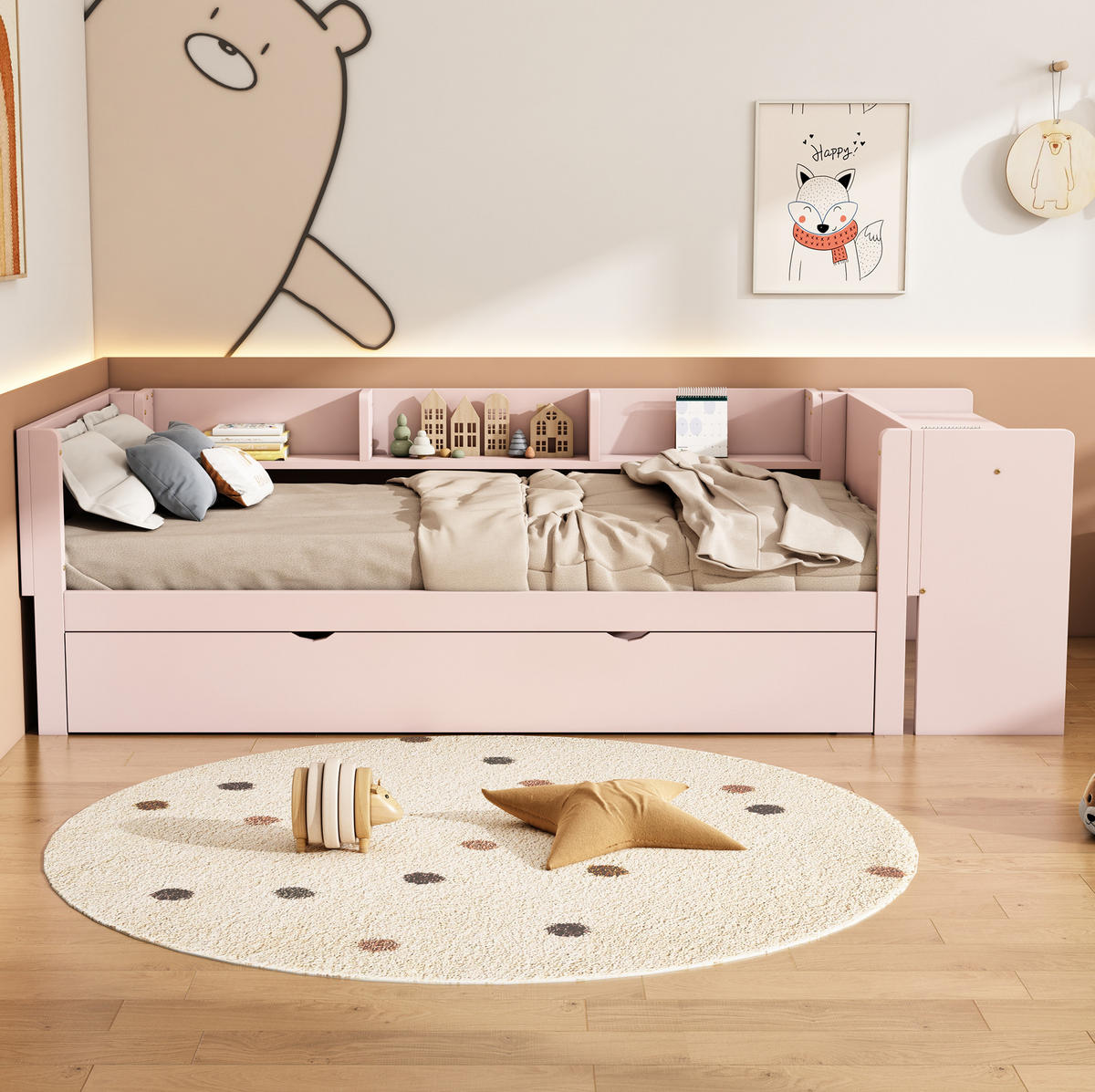 POLSTERBETT aus Kiefernholz 90x200 cm in Rosa mit Rollbett & Schreibtisch - Rosa, Holz (90/200cm) - Modfu