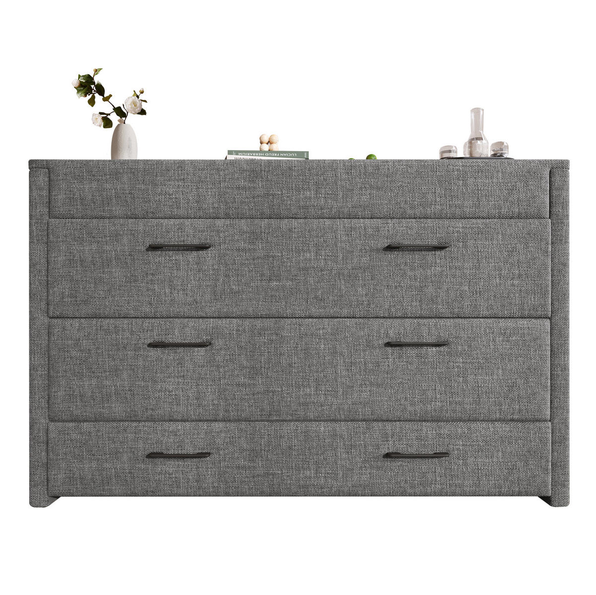SCHRANKBETT aus Leinen 140x200 cm Grau mit USB- und Typ-C-Anschlüssen, Schublade und wandelbarem Ablagefach - Grau, Textil (90/200cm) - Modfu