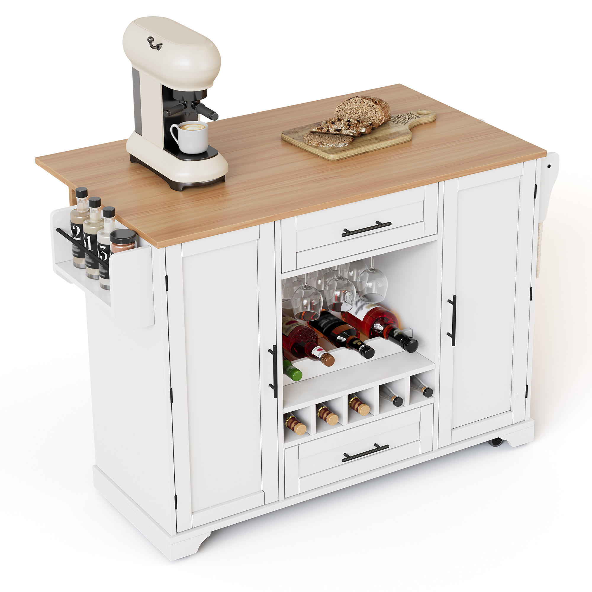 KÜCHENINSEL Mobile & Servierwagen (138 cm) in Weiß/Natur mit Weinregal & viel Stauraum - Weiß, Holzwerkstoff (138/92/70cm) - Urban Meuble