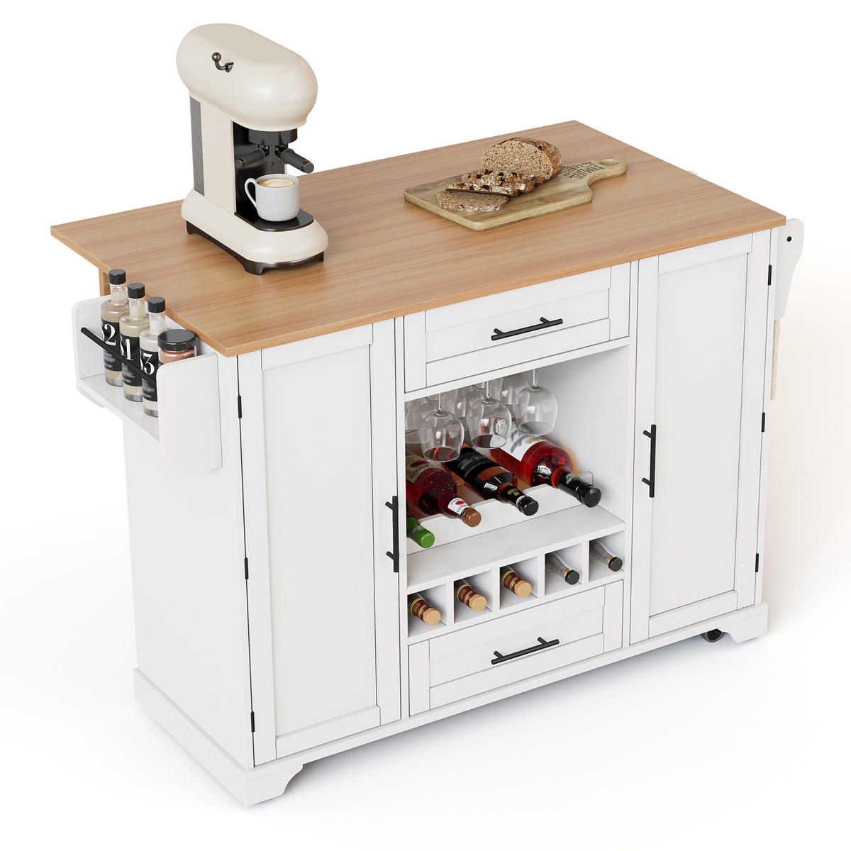 KÜCHENINSEL Mobile & Servierwagen (138 cm) in Weiß/Natur mit Weinregal & viel Stauraum - Weiß, Holzwerkstoff (138/92/70cm) - Urban Meuble