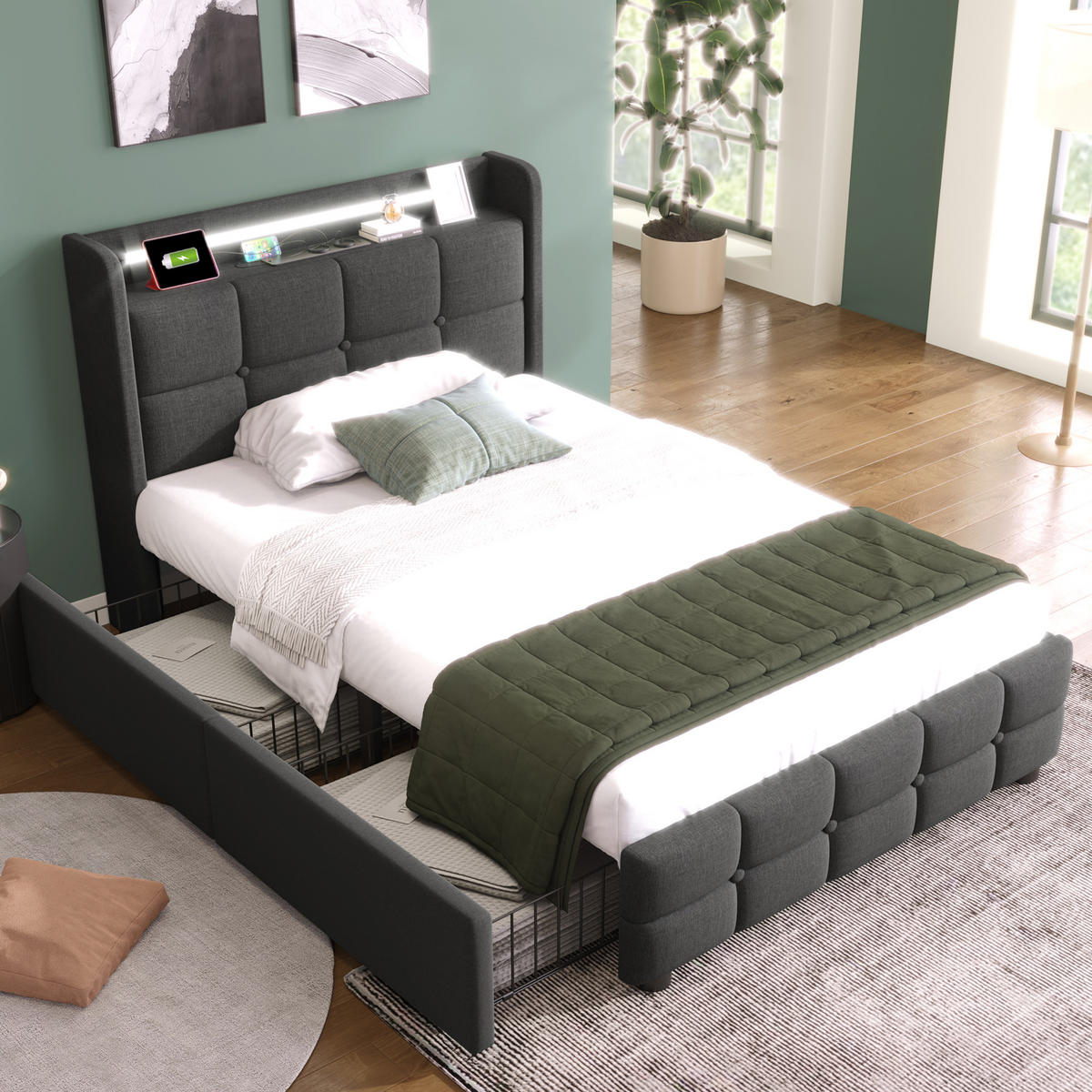 STAURAUMBETT 90/200 cm DE-00216, in Grau, LED und 2 Schubladen - Grau, Holz (90/200cm) - ComfortXL