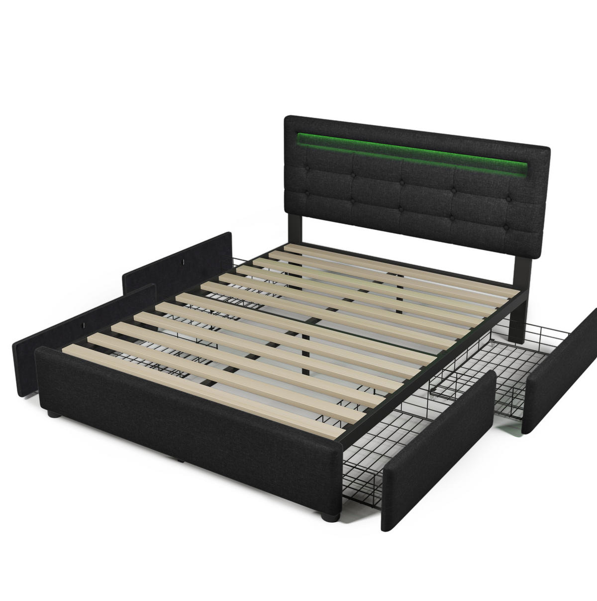 BETT mit LED und 4 Schubladen 140x200 cm Leinen Schwarz - Schwarz, Metall (140/200cm) - Meubliv