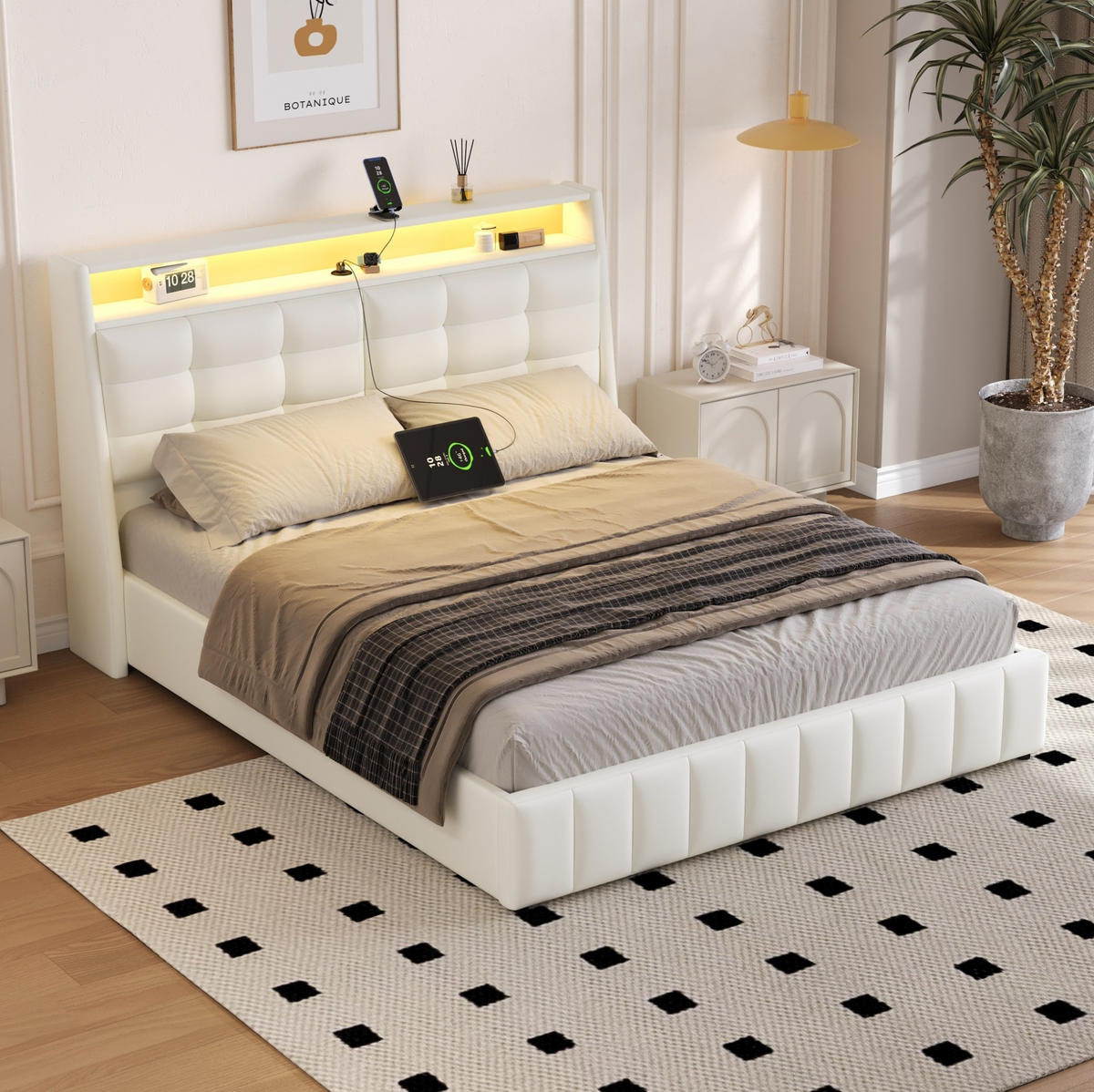 POLSTERBETT 160/200 cm mit LED-Beleuchtung, USB-Anschluss, Stauraum und verstellbarem Kopfteil, Weiß - Weiß, Holzwerkstoff (160/200cm) - Redom